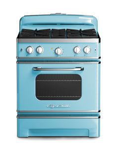 a blue stove top oven sitting next to a white wall