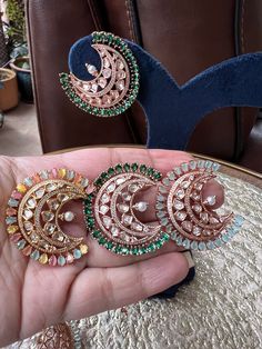 Gorgeous Contemporary Kundan Earrings . Perfect party earrings and can also be styled this beautiful piece with Sarees, Lehengas. 💥Earrings Stud: 2.0" 💥Light Weight Fusion Style Bridal Earrings With Stone Work For Party, Fusion Style Bridal Earrings For Party With Stone Work, Fusion Style Danglers With Stone Work For Party, Fusion Style Chandbali Bridal Earrings, Fusion Style Chandbalis With Latkans For Party, Fusion Style Kundan Jhumkas For Party, Fusion Kundan Jhumkas For Party, Fusion Style Kundan Chandbalis, Fusion Style Jhumkas For Party