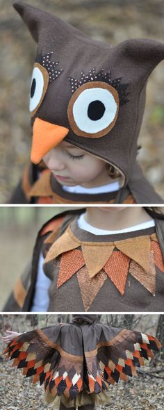 an owl costume made out of paper and fabric is shown in three different ways, including the