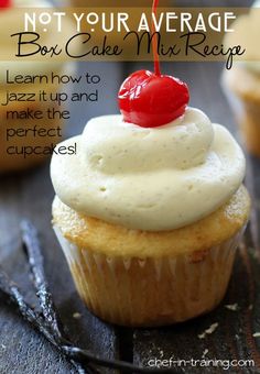 a cupcake with white frosting and a cherries on top is featured in the book, not your average cake mix recipe