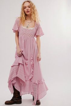 Romantic and ethereal, this sweet midi from our free-est collection is a true throw-on-and-go staple. **Fit:** Shapeless, babydoll-inspired silhouette **Features:** Square neckline, embroidered lace piecing, ruffle trimming throughout, back tie closure, flutte sleeves **Why We ❤ It:** Laid back with sporty sneakers or elevated with sleek platforms, this style has endless ways to wear. | Bring The Romance Midi Dress by free-est at Free People in Pink, Size: XS Plus Size Prairie Dress, Pink Prairie Dress, Ethereal Pink Dress, Ethereal Style Clothing, Modest Going Out Outfits, Cottagecore Gown, Black Women Business Attire, Romantic Style Outfit, Lilly Bloom