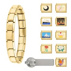 PRICES MAY VARY. Ideal Bracelet and Tools: you will receive 1 Classical Itallan style charm braclet, 1 thumb charms tools, 10Pcs Popular 10mm*9mm Italian Charms; Each tool measures about 2.17 x 0.51 inches/ 55 x 13 mm,which is suitable for most bracelet sizes. It can complete the stitching of all 9mm accessories and can be interchanged and combined with other Italian Charms Compatible with other major brand Italian charms too. These stainless steel Italian charms are available in silver and gold Gold Stretch Bracelet With Charms For Gift, Gold Stretch Bracelet With Charms As Gift, Italian Bracelet Gold, Gold Italian Charm Bracelet, Italian Charm Bracelet Gold, Italian Bracelet Charms, Charm Bracelet Diy, Italian Bracelet, Xmas Wishlist