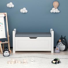 a child's room with toy cars and toys on the floor in front of it