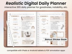 an open book with the words realistic digital daily planner on it's cover