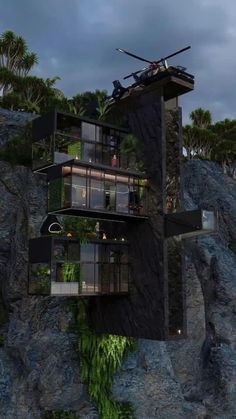 an artist's rendering of a house on top of a cliff with people in it