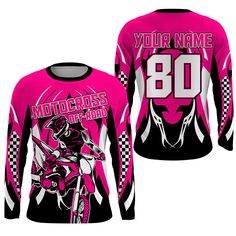 a pink motorcycle jersey with the number 80 on it and an image of a motorcross rider