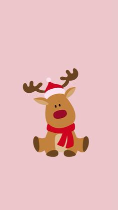 a reindeer with a red hat and scarf on it's head, sitting in front of a pink background