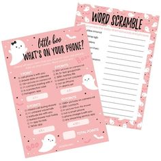 two pink and black printable halloween word scrambles with ghost characters on them, one is