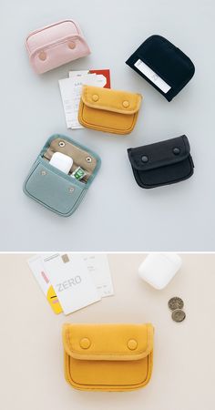 three different types of wallets are shown next to each other on the same table