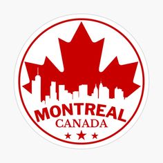 a red and white sticker with the canadian flag in front of a city skyline