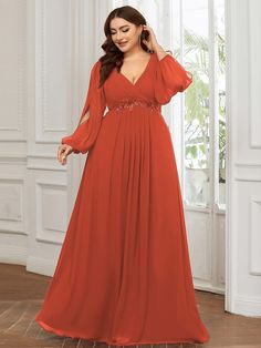 Custom Size Chiffon V-Neckline Long Sleeve Formal Evening Dress #color_Burnt Orange Colored Bridesmaid Dresses, Burnt Orange Dress, Orange Long Sleeve, Chiffon Evening Dresses, Long Sleeve Evening Dresses, Evening Dresses Plus Size, Ever Pretty, Chiffon Long Sleeve, Feel Beautiful