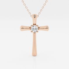 1/4 ctw Round Lab Grown Diamond Single Stone Cross Pendant 14K Rose Gold FG, VS2+ 14k Rose Gold Jewelry With Vvs Clarity, Classic Rose Gold Diamond Necklace Vvs Clarity, Rose Gold Diamond Cross Pendant, Rose Gold Diamond Cross Pendant Jewelry, Rose Gold 14k Diamond Necklace With Vvs Clarity, Stone Cross, Gold Cross Pendant, Single Stone, Cross Jewelry