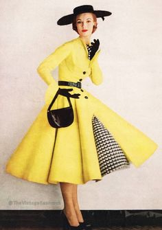 Kasper - 1952 vintage fashion style yellow dress full skirt black white plaid checks accents hat shoes belt purse 50s color photo print ad model magazine...love Anne Taintor, Glamour Vintage, 1950 Fashion, Yellow Coat, Fifties Fashion, Fashion 1950s