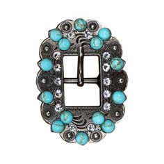 Antique Silver berry style cart buckle decorated with Clear and fashion Turquoise Howlite stones. This buckle measures 2" x 2 3/4" and will fit 5/8" to 3/4" wide leather. Perfect for breastcollar, headstalls, etc. Lifetime guarantee on all crystals Silver Concho Belt Buckles For Rodeo, Silver Leather Concho Belt Buckles, Luxury Collectible Concho Jewelry, Western Style Blue Concho Belt Buckles, Blue Concho Western Belt Buckles, Adjustable Turquoise Western Belt Buckles, Southwestern Turquoise Concho Belt Buckles, Turquoise Bohemian Belt Buckle With Antique Detail, Buckles Fashion