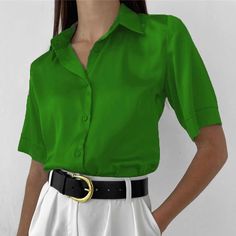 Woherb Women Solid Satin Shirt Female Fashion Half Sleeve Shirts Blouse Office Lady Silk Blouse Tops 2022 Spring Basic Shirt Top Plain Summer Office Tops, Casual Half Sleeve Office Tops, Plain Collared Blouse For Spring, Plain Button-up Summer Blouse, Collared Plain Summer Blouse, Solid Summer Office Tops, Solid Color Half Sleeve Office Top, Green Solid Color Shirt For Office, Office Half Sleeve Tops