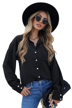 Black Oversized Boyfriend Button Shirt Black Relaxed Fit Shirt With Buttoned Pockets, Black Shirt With Buttoned Pockets And Relaxed Fit, Black Tops With Buttoned Pockets And Relaxed Fit, Black Long Sleeve Shirt With Buttoned Pockets, Black Collared Shirt With Buttoned Pockets, Black Workwear Tops With Buttoned Pockets, Black Tops With Buttoned Pockets For Fall, Black Relaxed Fit Shirt With Button Cuffs, Black Relaxed Fit Shirt With Button Closure