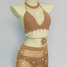 Women's Swim Set 3 Piece Top & Bottoms & Bottom Cover Crochet Cowrie Shells Fits Small To Medium Handmade Lined Good-Quality Fitted Beige Crochet Top For Beachwear, Fitted Beige Crochet Top For Party, Beige Crochet Top For Summer Party, Philippines Outfit, Cafe Dress, Crochet Tankini, Crochet Halter Dress, Scarf Coverup, Crochet Outfit