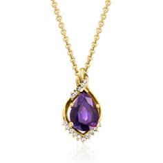 Ross-Simons - C. 1980 Vintage 7.00ct Ametyst, .35ct t. w. Diamond Pendant Necklace. 18". C. 1980. Delivering instant elegance, our Estate collection pendant necklace presents a 7.00 carat pear-shaped amethyst traced here and there by .35 ct. t. w. round brilliant-cut diamonds. Finely crafted in polished 14kt yellow gold and suspended from a cable chain. Lobster clasp, diamond and amethyst pendant necklace. Exclusive, one-of-a-kind Estate Jewelry. Amethyst birthstones are the perfect gift for Feb Formal Purple Gemstone Necklace, Formal Fine Jewelry Amethyst Necklaces, Formal Fine Jewelry Amethyst Necklace, Formal Amethyst Necklace In Fine Jewelry Style, Formal Purple Amethyst Necklace, Formal Hallmarked Amethyst Necklace, Purple Prong Setting Formal Necklaces, Formal Purple Pendant Necklace, Elegant Purple Necklace With Prong Setting