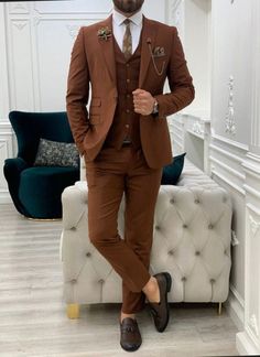 This is a Classy Brown color 3 Piece Suit by GoldenfashionStore /crafted from high quality fabric and imported materials. Our products are handcrafted by experienced tailors who make sure the that the stitching is precise, lining is proper and the overall product is sturdy enough to not go out of shape for more than a few years. Also all our products have extra margins in their length, sleeves, sides so it's easily alterable if your size changes after some time. To see more available colours and Brown Groom Tuxedo, Copper Tuxedo Wedding, Brown Prom Suits For Men, Chocolate Suits For Men, Brown Groom Suits For Wedding, Brown Tuxedo For Men, Brown 3 Piece Suit Men, Fall Tuxedos For Men, Brown Slim Fit Sets For Semi-formal Occasions