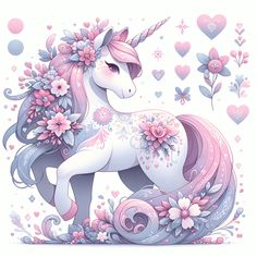 a unicorn with flowers and hearts on it's back