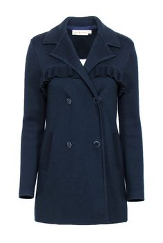 A winter staple with plenty of style, this Tory Burch navy knit jacket is a fast favorite. Side pockets and double-breasted closures are accented by a flirty ruffle detail. Wear to work or for fall play styled with your favorite leather boots! Size XS 50% Wool, 50% Acrylic Front ruffle detail Double breasted snap closures Enameled buttons; slight scuffs at edges Bust 30" Waist 40" Shoulder to hem 30" Shoulder to shoulder 14" Sleeve length 25" Buy Shoes Online, Wear To Work, Knit Jacket, Sweater Weather, New Trends, Signature Style, Leather Boots, Double Breasted, Tory Burch