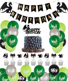 PRICES MAY VARY. DRAGON BIRTHDAY PARTY DECORATION INCLUDED: 1 piece dragon banner; 40 pieces dragon balloons; 24 pieces dragon cupcake toppers and 1 piece cake topper, total 66 pack. And you can get all the decorations as a set rather than buying them one by one. Perfect for dragon theme birthday party. HIGH QUALITY MATERIAL: The dragon banner and cake toppers are made of glitter cardstock, thickness and not easy to deform. The latex balloons are crafted of quality and strong latex with vibrant Dungeons And Dragons Birthday Party, Dragon Birthday Party Decorations, Skyrim Birthday, Dnd Birthday, Dragon Balloon, Toothless Party, Dragon Banner