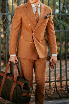 Elegant Orange Tweed Suit Set, Timeless Men's Formal Outfit, Ideal for Special Occasions or Holiday Gift, Wedding or Business Gift This is a Classic 2 Piece Suit crafted from high quality fabric and imported materials. Our products are handcrafted by experienced tailors who make sure the that the stitching is precise, lining is proper and the overall product is sturdy enough to not go out of shape for more than a few years. Also all our products have extra margins in their length, sleeves, sides Wedding Double Breasted Suit, Winter Wedding Suits With Pockets, Tailored Suit For Groom In Fall, Tailored Fall Groom Suit, Tailored Fall Suits For Groom, Formal Gold Suits For Fall, Classic Double Breasted Suit For Winter Wedding, Tailored Gold Suits For Business, Classic Double Breasted Winter Wedding Suit