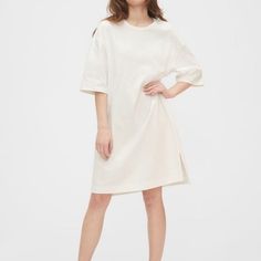 Currently Sold Out Online. 100% Cotton, Soft Jersey Knit. Thick Nice Material, Not See-Through At All! Chic Cotton T-shirt Dress For Spring, White Crew Neck Loungewear Dress, Beige Crew Neck Spring Dress, Beige Crew Neck Dress For Spring, Effortless Cotton Spring Dresses, Cotton Crew Neck T-shirt Dress For Daywear, Cotton T-shirt Dress With Crew Neck For Daywear, Casual Crew Neck T-shirt Dress For Daywear, Oversized Short Sleeve Dress For Daywear