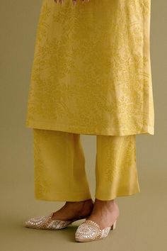 Yellow silk chanderi kurta with dori embroidery and block printing details. Paired with a shantoon palazzo and silk organza dupatta. - Aza Fashions Elegant Cutdana Kurta For Summer, Summer Traditional Wear In Cotton Silk With Zari Work, Summer Cotton Silk Traditional Wear With Zari Work, Summer Traditional Cotton Silk Wear With Zari Work, Summer Traditional Wear With Printed Motifs For Designer Occasions, Traditional Summer Wear With Printed Motifs, Summer Traditional Wear With Printed Motifs In Mulmul, Summer Wedding Traditional Wear With Printed Motifs, Summer Wedding Kurta With Printed Motifs