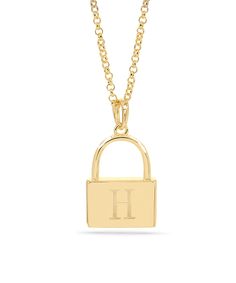 This Lock necklace comes in: Sterling Silver & 14K Gold over Sterling Silver finished with a fine polish for an excellent shiny appeal. You can engrave your initial or a loved one. It includes a 16 or 18" link chain. Gold Polished 14k Gold Initial Necklace, Luxury Personalized Gold Initial Necklace, Luxury Gold Initial Necklace In Sterling Silver, 14k Yellow Gold Polished Initial Necklace, Luxury Engraved Initial Pendant Necklace, Gold Engraved Initial Necklace In Sterling Silver, Personalized Sterling Silver Chain Necklace In Yellow Gold, Personalized Sterling Silver Yellow Gold Chain Necklace, Gold Initial Necklace With Polished Finish As Gift