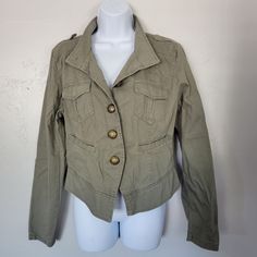 New With Tags Maurices Brand Size Medium Olive Green In Color Long Sleeve Button Up Jacket Big Gold Buttons - Extra Included Pockets Collared Measurements Are Approx And Taken Laying Flat - Double Where Necessary Bust 19.5" Length 20" (14ou) Spring Military Outerwear With Button Closure, Military Style Outerwear With Button Closure For Spring, Casual Fitted Utility Jacket With Button Closure, Trendy Cotton Blazer With Buttons, Fitted Khaki Button-up Utility Jacket, Casual Khaki Blazer With Buttons, Casual Button-up Blazer With Buttons, Khaki Utility Blazer With Buttons, Utility Khaki Blazer With Buttons