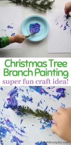 the christmas tree branch painting is an easy art project for kids to do with paper plates