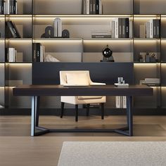 a room with bookshelves and a desk in front of the bookcases