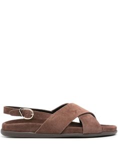 cedar brown calf suede almond open toe crossover strap at the toe buckle-fastening slingback strap branded leather insole flat rubber sole