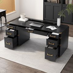 an office desk with drawers on top of it and a rug in front of it