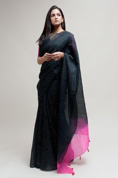 Black bandhani pattern saree, accentuated with a dip dyed pallu in hot pink colour. Comes with an unstitched blouse piece - Aza Fashions Black Designer Saree, Bandhani Pattern, Color Block Blouse, Black Saree, Dip Dyed, Blouse For Women, Work Sarees, Pink Colour, Saree With Blouse