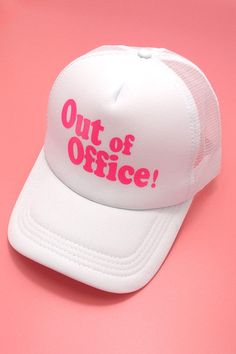 Unleash your laid-back style with the "Out of Office" Trucker Hat Cap. This trendy fusion of relaxation and fashion features a playful "Out of Office" motif, perfect for when you're in chill mode. With a classic trucker design and adjustable velcro, it offers comfort and versatility for any occasion. Made with a blend of cotton and polyester, it's the ultimate accessory for those who don't take themselves too seriously. (Height: 6", Brim: center 2.75", Circumference: 22") Funny Trucker Hat, One Size Fits Most, Funny Trucker Hat One Size, Funny One Size Fits Most Trucker Cap, Fun Adjustable Baseball Cap For Streetwear, Funny Snapback Trucker Hat, Fun Adjustable Hats For Streetwear, Adjustable Fun Hat For Streetwear, Fun Adjustable Streetwear Hats, Playful Adjustable Hat For Streetwear