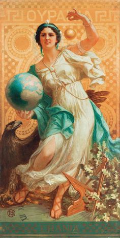 a painting of a woman holding a globe