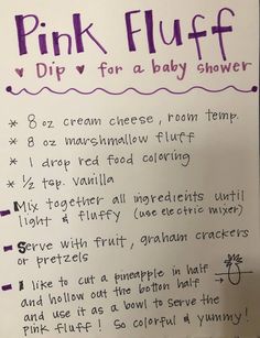 pink fluff dip recipe for a baby shower with instructions on the back and side