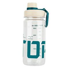 a water bottle with a measuring cup on the top and an o - shaped handle