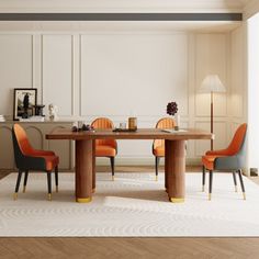 an elegant dining room with orange chairs