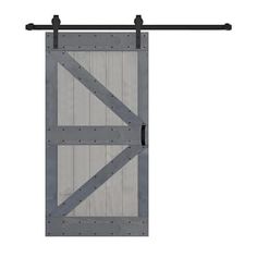 an open barn door with metal bars on the top and bottom, against a white background