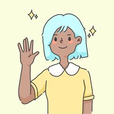 a woman with blue hair is waving her hand