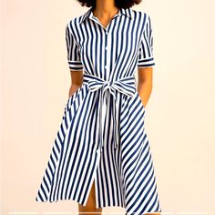 Striped A-Line Shirt-Dress Designed With Style And Fashion. The Matching Sash Silk Belt Is An Important Finishing Touch To The Whole Piece, As It Looks Gorgeous And Shapes The Body. The Navy Stripes Imprints The Message Of Seaside Vacation, The Coming Of Spring And Summer, And Being Happy, Bold, And Free! Composition: 100% 16 Momme Silk Twill A-Lineregular Fit, Falls To Knee. Classic Bold Stripes In Navy Blue And White. Silk Twill Has A Lightweight And Fluid Drape, Making It Soft And Smooth On The Skin. Silk Twill Feels Cool In Warm Weather And Provides Warmth In Colder Temperatures. Care: Hand Wash Cold, Line Dry, Cool Iron; Or Dry Clean. Being Happy, Bold Stripes, Silk Twill, White Silk, Shirtdress, Navy Stripes, Warm Weather, Designer Dresses, A Line