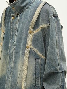 Model is 5ft 10''(178cm) tall, 145 lbs(66kg) weight and wearing a size L168cm 59kg wearing a size M - RECONSTRUCTED- Stand collar- DENIM- WASHED- Drop shoulders Denim Winter Jacket, Upcycled Streetwear, Reconstructed Denim, Denim Motorcycle Jacket, Denim Jacket Winter, Online Closet, Moda Jeans, Upcycled Denim, Marine Serre