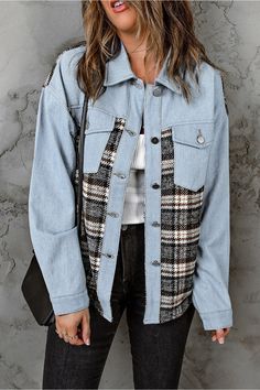 This stylish Plaid Pocketed Button Up Denim Jacket is the perfect addition to any wardrobe. Made with high-quality denim, it features a classic plaid pattern and functional pockets. This versatile jacket will keep you both fashionable and warm. Features: Pocketed Stretch: No stretch Material composition: 75% cotton, 25% polyester Care instructions: Machine wash cold. Tumble dry low. Imported Product measurements:S:Bust 41.34 in, Shoulder 21.85 in, Sleeve Length 21.46 in, Top Length 27.56 inM:Bus Trendy Winter Denim Jacket With Patch Pockets, Fall Long Sleeve Denim Jacket With Buttons, Winter Plaid Shacket With Buttons, Fall Denim Blue Jacket With Pockets, Trendy Plaid Cotton Outerwear, Fall Denim Outerwear With Patch Pockets, Denim Outerwear With Patch Pockets For Fall, Plaid Winter Outerwear With Buttoned Pockets, Fall Denim Jacket With Flap Pockets