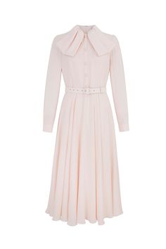 Inspired by a 1940s vintage archive piece, the Allison dress is cut from a high quality Italian pale peach silk crepe. A soft apricot shade, Allison is a beautifully chic dress for special occasions.The dress has a semi-fitted bodice, lined with soft viscose, and featuring contrast white covered buttons. The full fluid skirt falls elegantly to a long midi length, and is fully lined in Italian silk Habotai. The stand collar has a beautiful bow-effect draped neckline detail, and the neckline can b Pure Dress, Princess Clothes, Royal Clothes, Evening Wear Dresses, Dress Peach, Shirt Dress Summer, Long Midi, Pale Peach, Draped Neckline