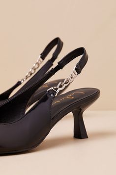 Easily add a sophisticated finish to any of your favorite looks with the Lulus Jonnah Black Chain Slingback Strap Pointed-Toe Pumps! Sleek, patent-like faux leather shapes these must-have heels that feature a classy pointed-toe upper that carries into a trendy slingback strap with a chunky, silver chain detail at the outstep (and a bit of elastic at the instep for fit). An eye-catching sculpted heel completes the ultra-chic design. 2. 5" sculpted heel. Cushioned insole. Rubber sole has nonskid m Black Chain, Slingback Pump, Work Shoes, Chic Design, Black Shoes, Silver Chain, Rubber Sole, Faux Leather, Size 10