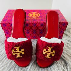 Brand New Never Worn Size 7 Color: Pomegranate Chic Burgundy Round Toe Sandals, Luxury Red Flat Heels, Luxury Red Slip-on Sandals, Designer Closed Toe Red Sandals, Designer Red Closed Toe Sandals, Luxury Red Flat Sandals, Tory Burch Black Sandals, Tory Burch Slides, Ivory Sandals