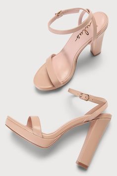 With the Lulus Lylaa Light Nude Platform High Heel Sandals in your closet, stylish days are here to stay! Smooth faux leather shapes these sultry heels that feature an almond-shaped toe bed, a 0.5"" toe platform, and a slender toe strap. Matching straps sprout from the sides to wrap and secure around the ankle with a shiny gold buckle. The stylish look wouldn't be complete without the sky-high block heel! 4. 5" wrapped block heel. Cushioned insole. Rubber sole has nonskid markings. Man made mate Summer Almond Toe Heels With 4-inch Heel, Chic Block Heels With Padded Heel For Date Night, Glamorous Leather Block Heels, Date Night Open Toe Block Heels With Padded Heel, Elegant Ankle Strap Block Heels For Date Night, Elegant Block Heels With Ankle Strap For Date Night, Elegant Block Heels With Heel Strap For Date Night, Date Night Block Heels With Heel Strap, Feminine Stacked Heel Ankle Strap Heels